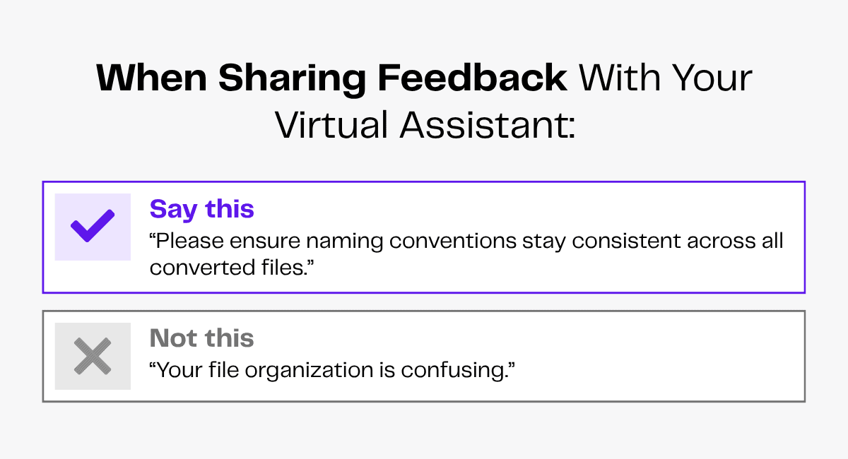 Feedback for virtual assistant: Ensure naming conventions stay consistent.