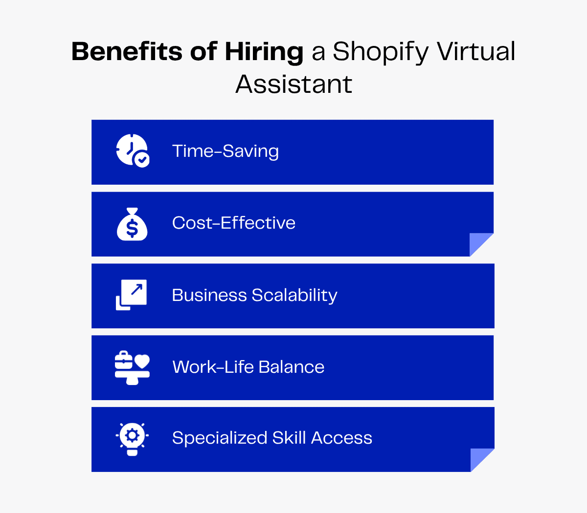 Benefits of hiring a Shopify Virtual Assistant: time-saving, cost-effective, business scalability, work-life balance, specialized skill access.