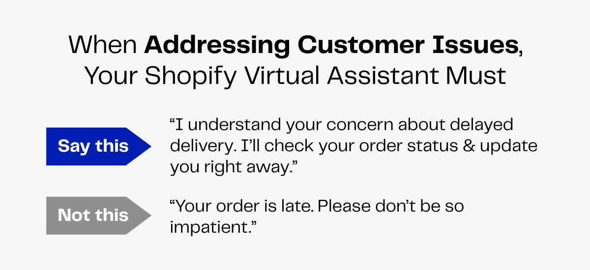 Shopify virtual assistant training: Customer service must communicate professionally. Examples.