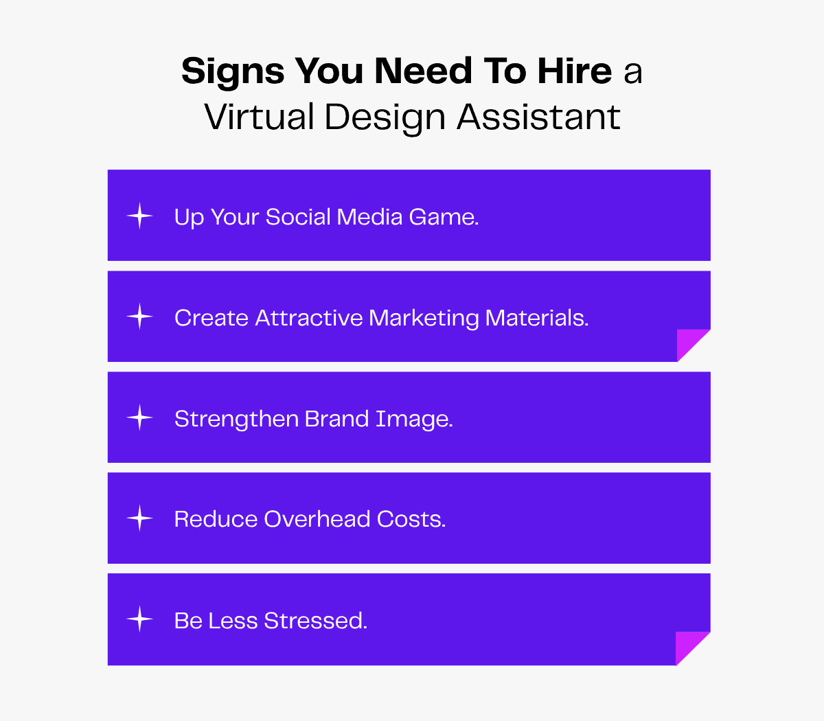 Signs you need a virtual design assistant: social media, marketing materials, brand image, reduce costs, less stress.