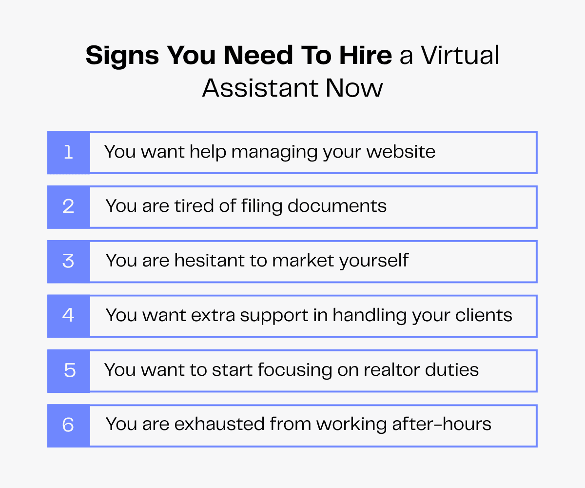 Signs you need to hire a virtual assistant: website help, filing, marketing, client support, realtor focus, exhaustion