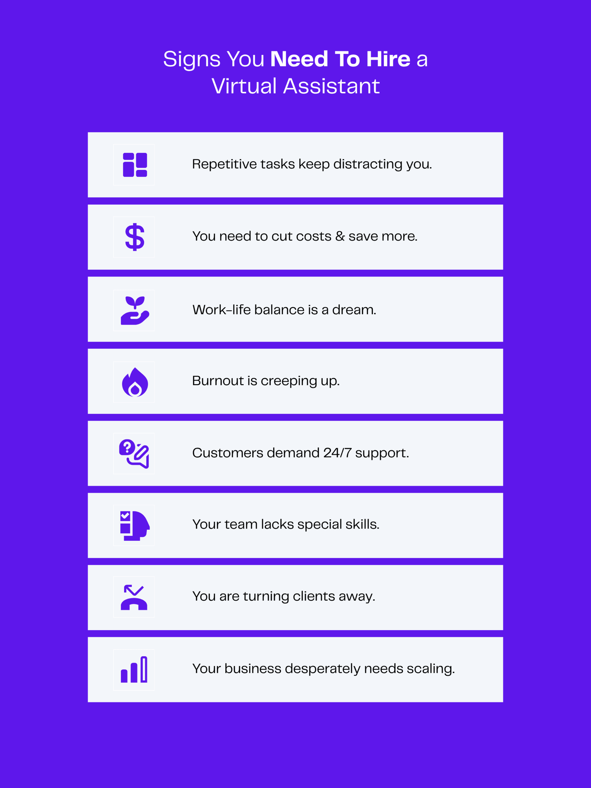 Infographic: 8 signs you need a virtual assistant. Includes icons for repetitive tasks, cost savings, burnout, 24/7 support, and more.