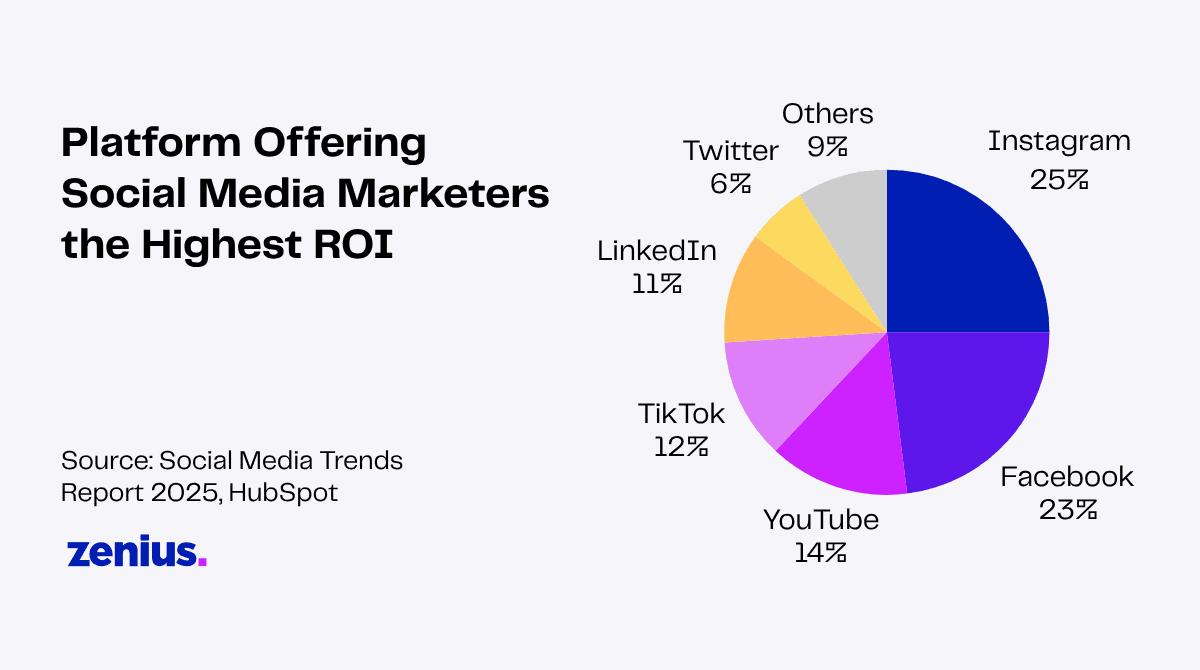 Pie chart showing social media platforms offering highest ROI: Instagram 25%, Facebook 23%, YouTube 14%, TikTok 12%, LinkedIn 11%, Twitter 6%, Others 9%.