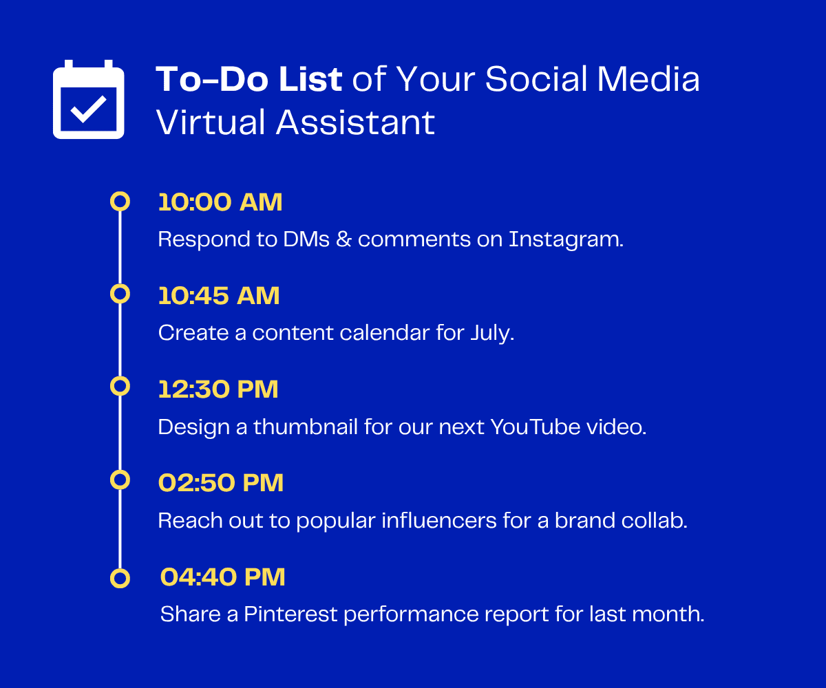 Social Media Virtual Assistant To-Do List: Instagram DMs, content calendar, YouTube thumbnail, influencer outreach, Pinterest report
