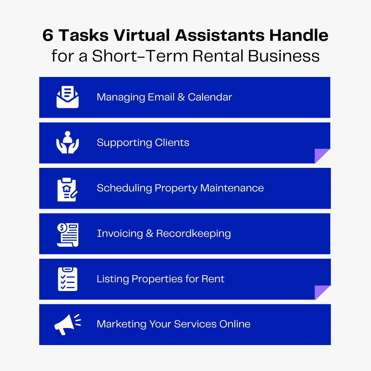 6 tasks virtual assistants handle for short-term rentals: email, clients, maintenance, invoicing, listings, marketing.