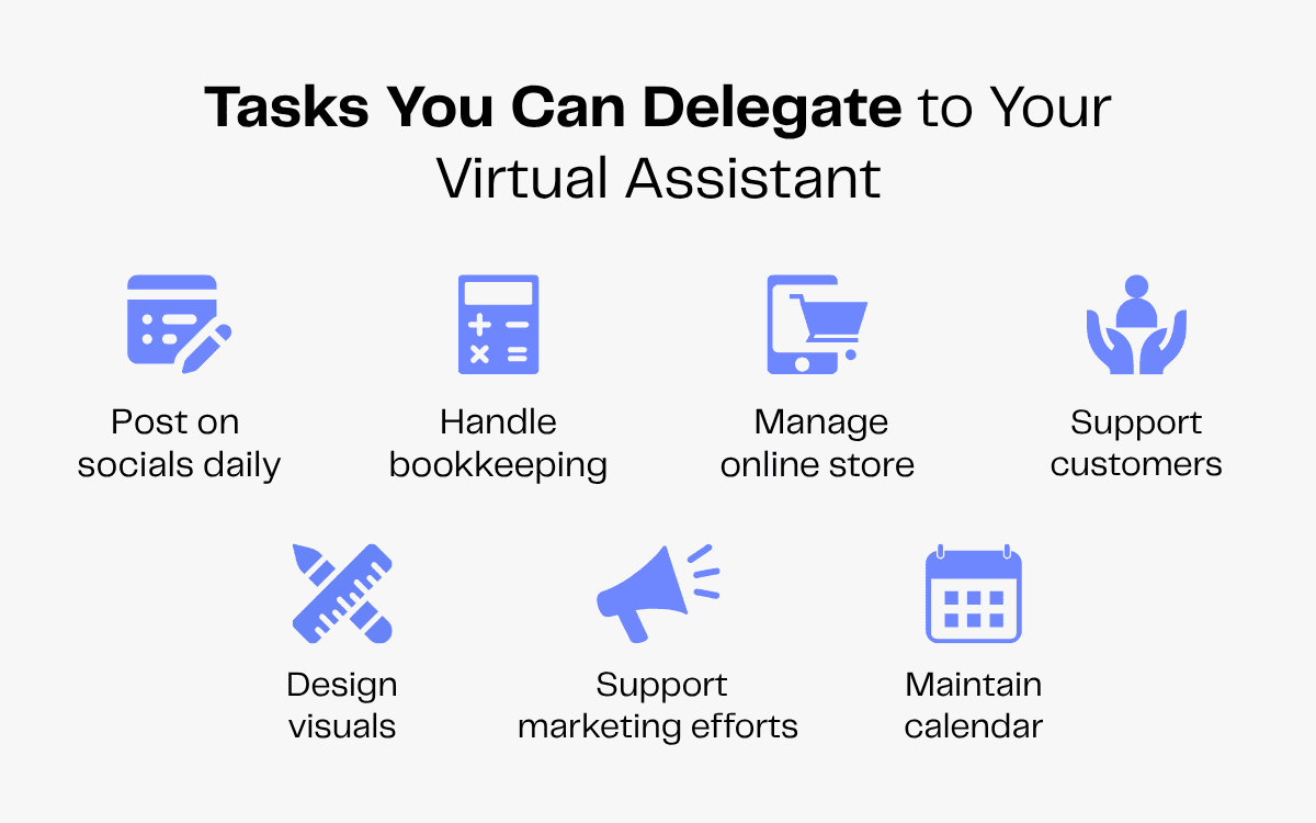 Delegate tasks to your virtual assistant: social media, bookkeeping, online store, customer support, design, marketing, calendar.