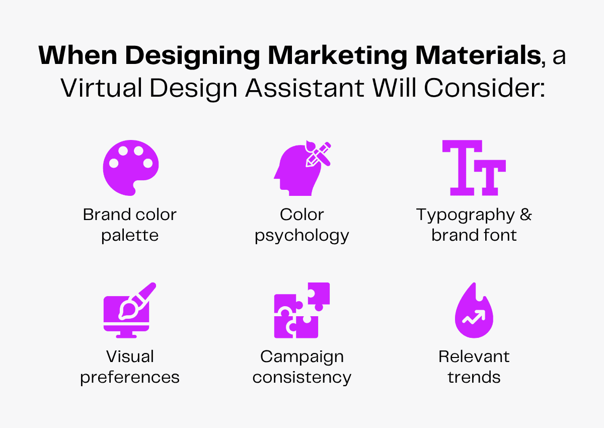 Virtual design assistant considerations: brand colors, color psychology, typography, visual preferences, campaign consistency, trends.