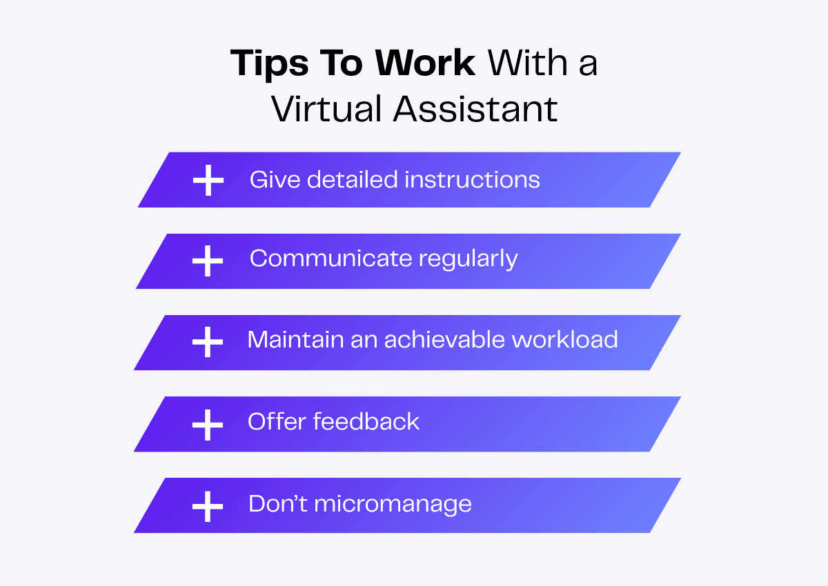 Tips for working with a virtual assistant: detailed instructions, regular communication, achievable workload, feedback, no micromanagement.