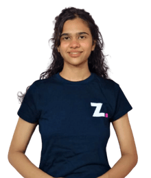Smiling young woman wearing a dark blue t-shirt with a Z logo.