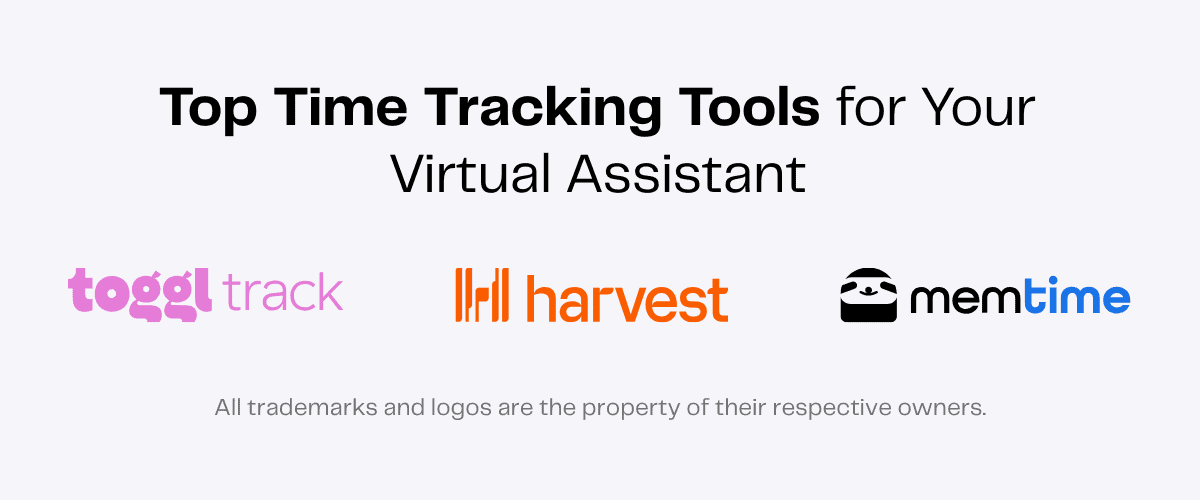 Time tracking tools for virtual assistants: Toggl Track, Harvest, and Memtime logos.