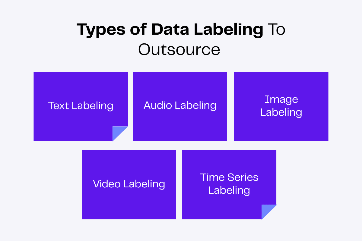 Types of data labeling for outsourcing: text, audio, image, video, and time series labeling.