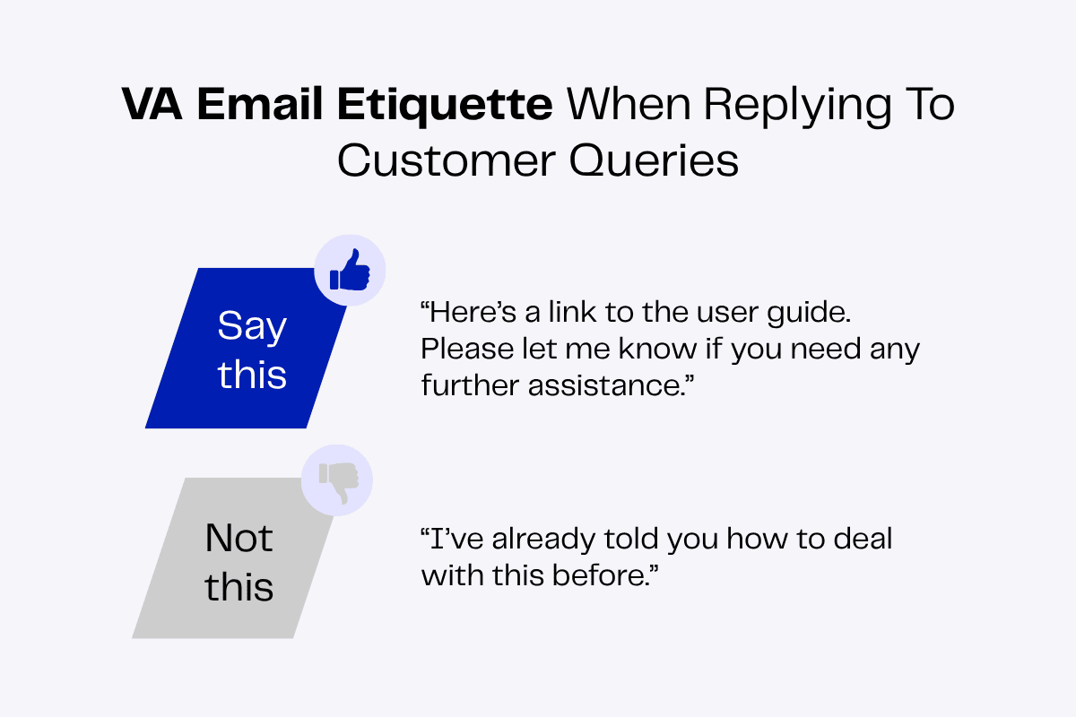 VA email etiquette: "Say this" with a helpful link vs. "Not this" with a dismissive reply.