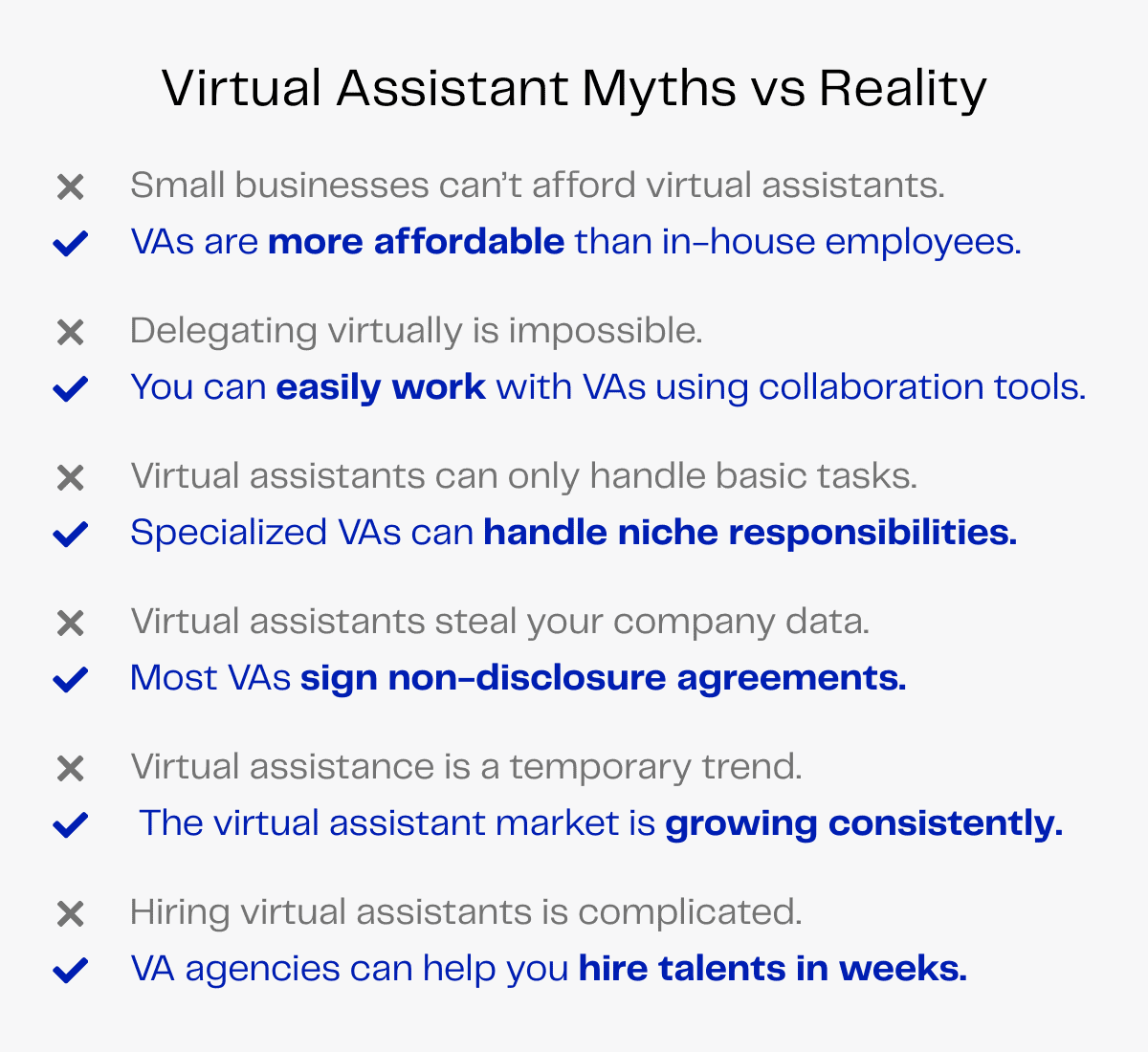 Virtual assistant myths debunked: affordability, collaboration, expertise, security, growth, and easy hiring.