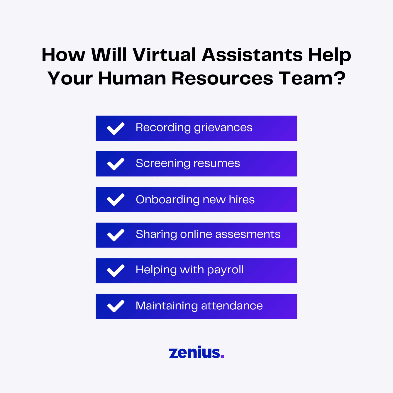 Infographic: How virtual assistants help HR teams with tasks like recording grievances, screening resumes, and onboarding.