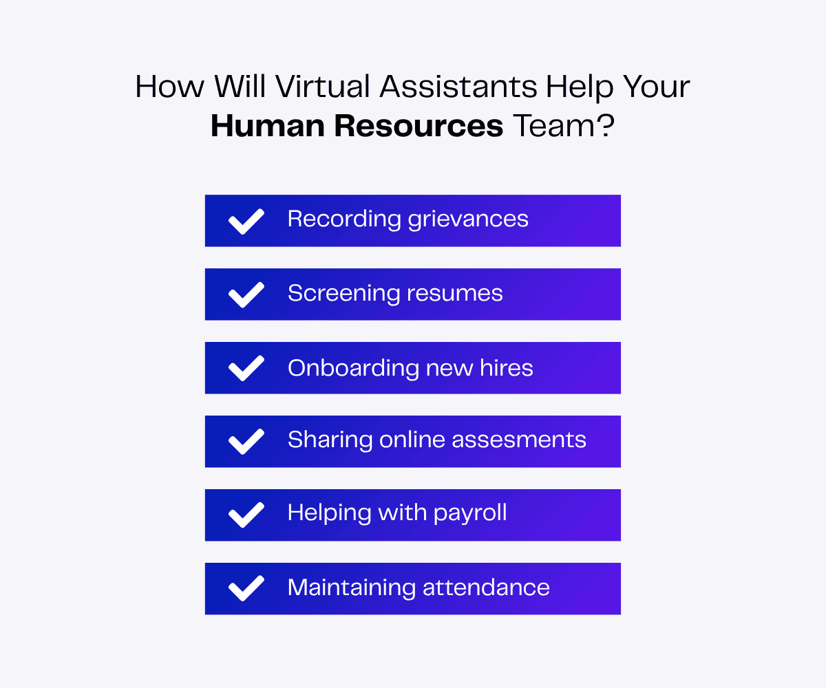 Virtual assistant benefits for HR: grievance recording, resume screening, onboarding, assessments, payroll, attendance.