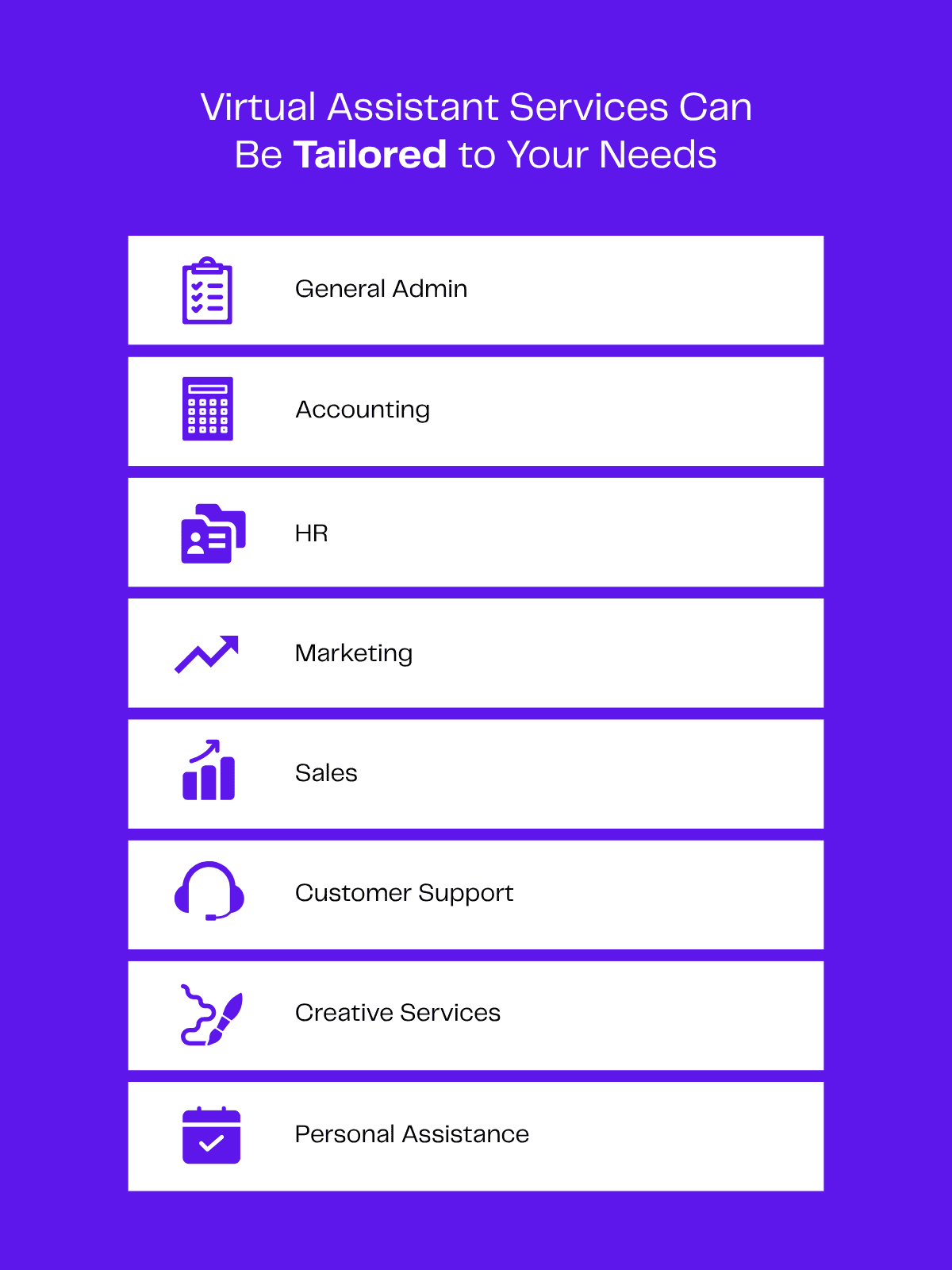Virtual assistant services infographic: general admin, accounting, HR, marketing, sales, customer support, creative services, personal assistance.