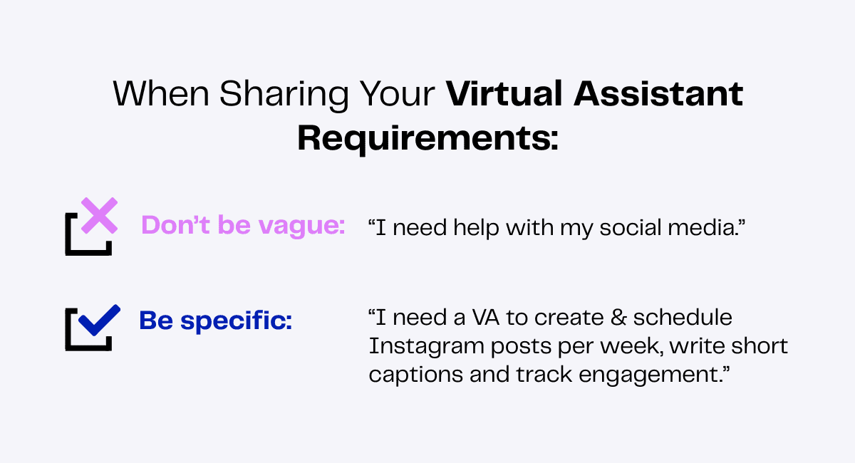 Checklist: Specific vs. vague virtual assistant requirements. Don't be vague; be specific.