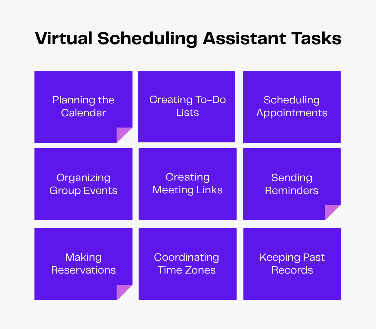 Virtual scheduling assistant tasks: calendar planning, appointment scheduling, and time management.