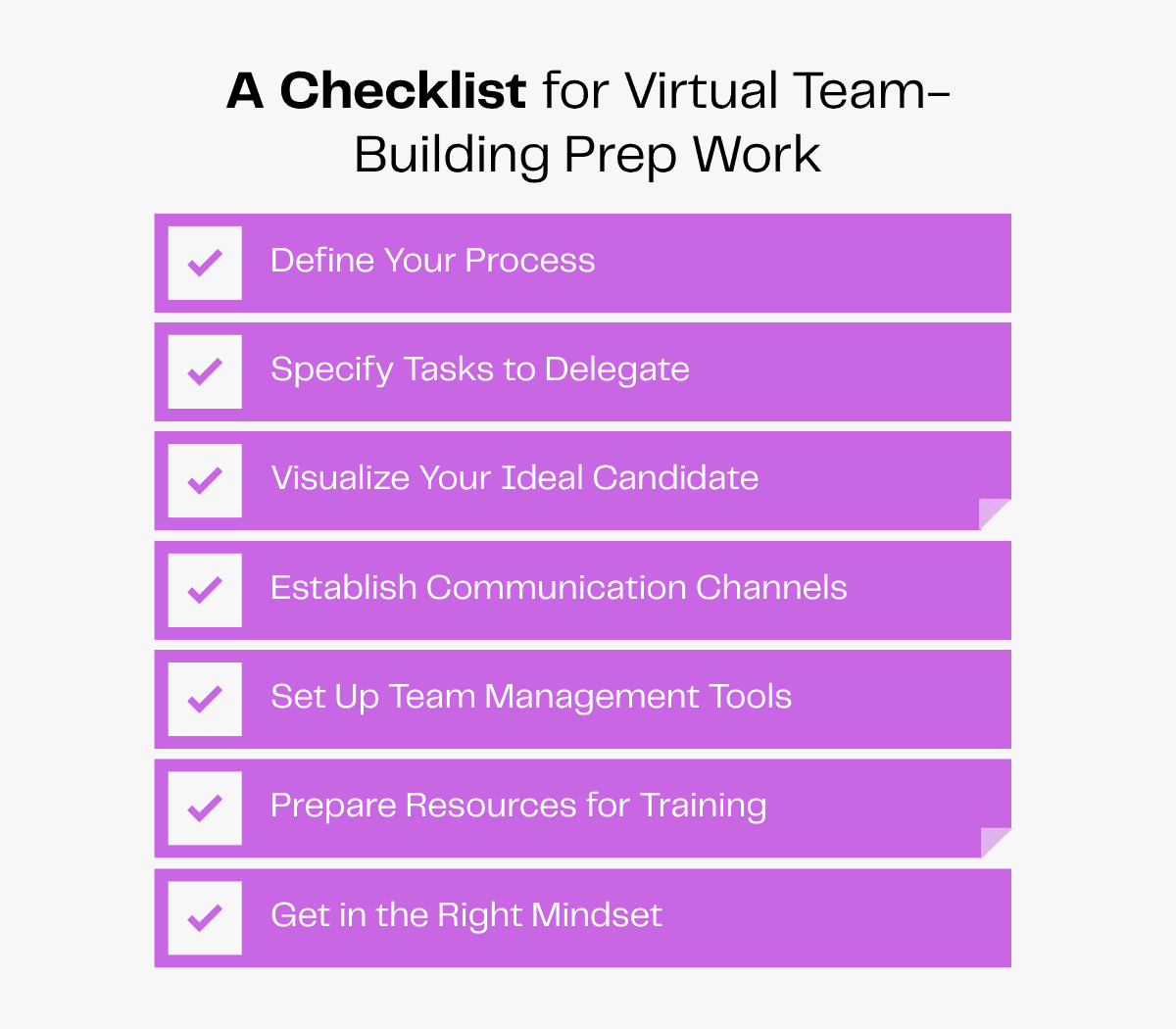 Checklist for virtual team-building prep work: Define process, delegate tasks, visualize candidate, set up comms, tools, training, mindset.