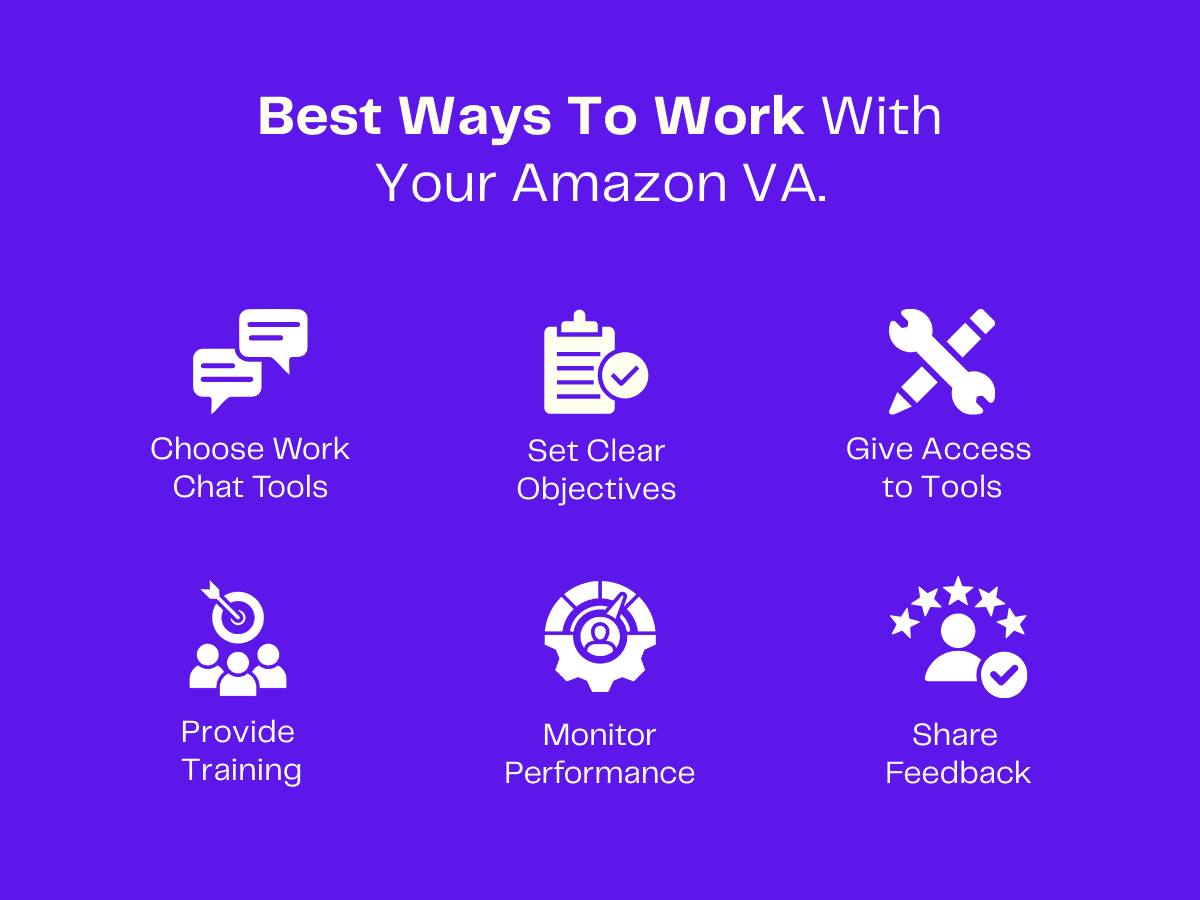 Infographic: Best ways to work with your Amazon VA, including choosing chat tools, setting objectives, giving access to tools, providing training, monitoring performance, and sharing feedback.