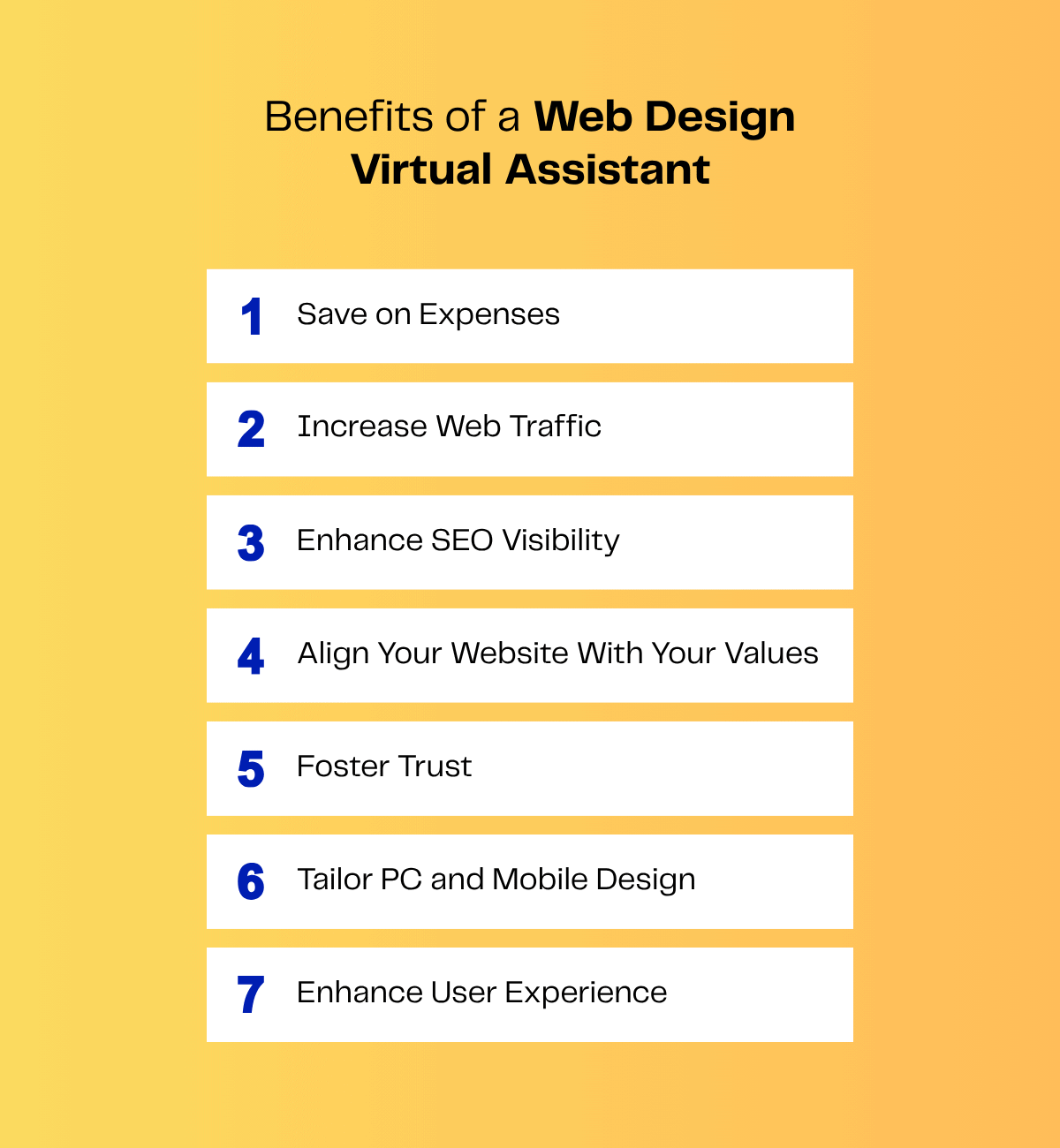 Benefits of a web design virtual assistant listed on an orange background