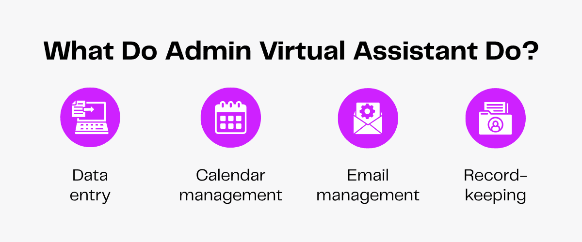 Admin virtual assistant tasks: data entry, calendar, email, and record-keeping.