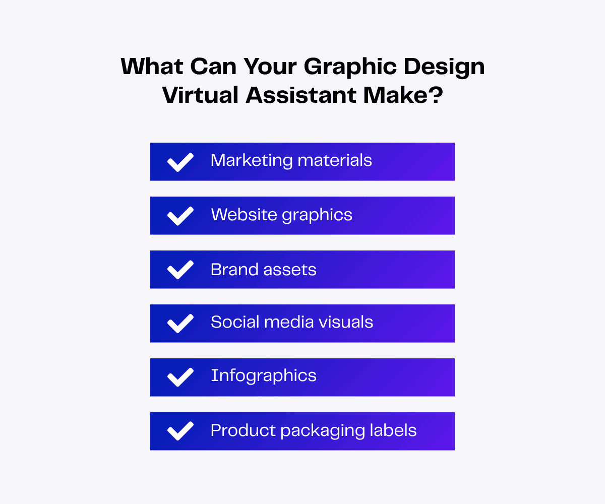 Graphic design virtual assistant capabilities list including marketing materials and website graphics