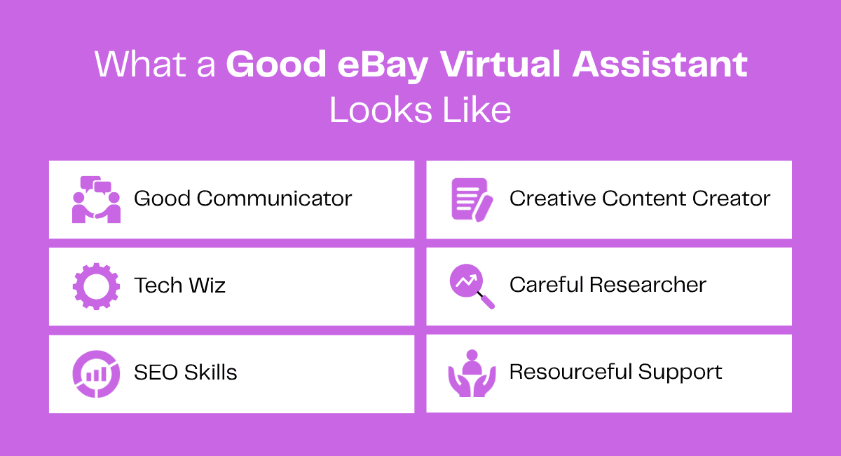 eBay virtual assistant skills: communicator, tech wiz, SEO, content creator, researcher, support.