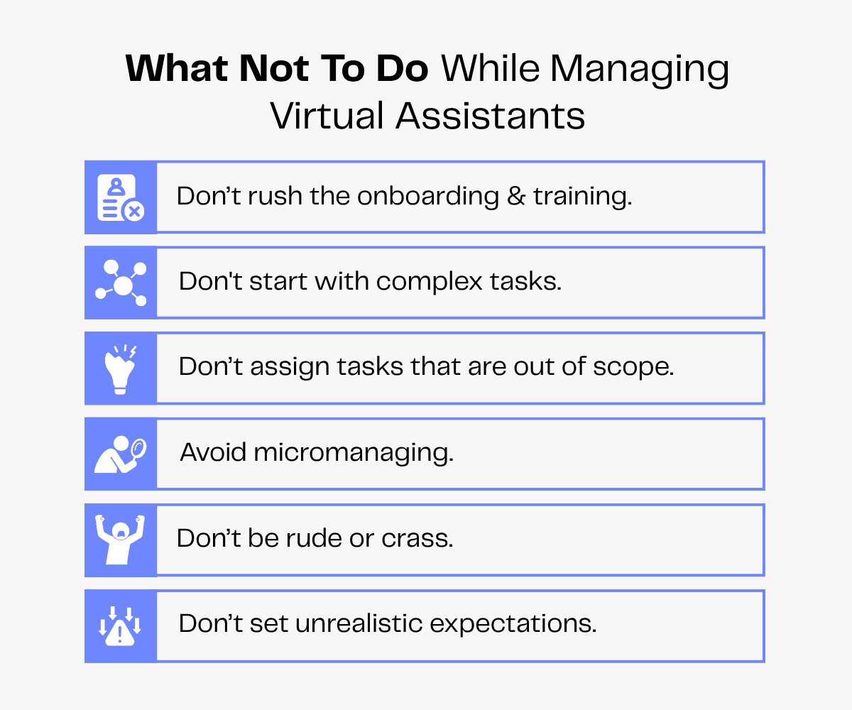 List of "What Not To Do While Managing Virtual Assistants" including onboarding and micromanaging.