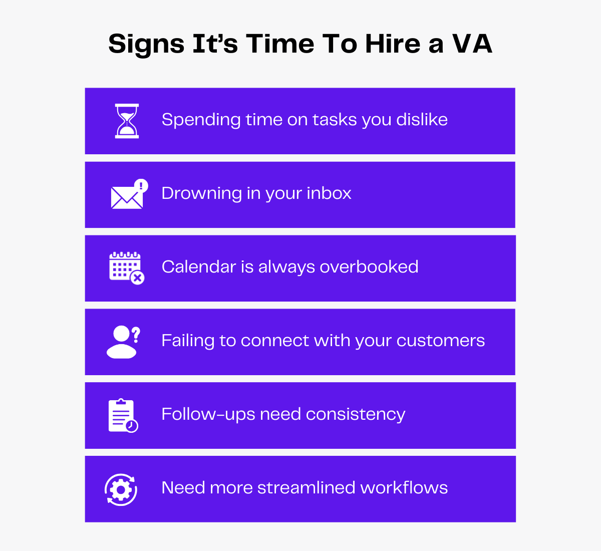 Signs it's time to hire a VA:
doing tasks you dislike, overflowing inbox, overbooked calendar, poor customer connection, admin tasks, workflows