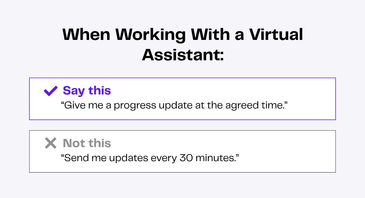 When working with a virtual assistant, say "Give me a progress update at the agreed time," not "Send me updates every 30 minutes.