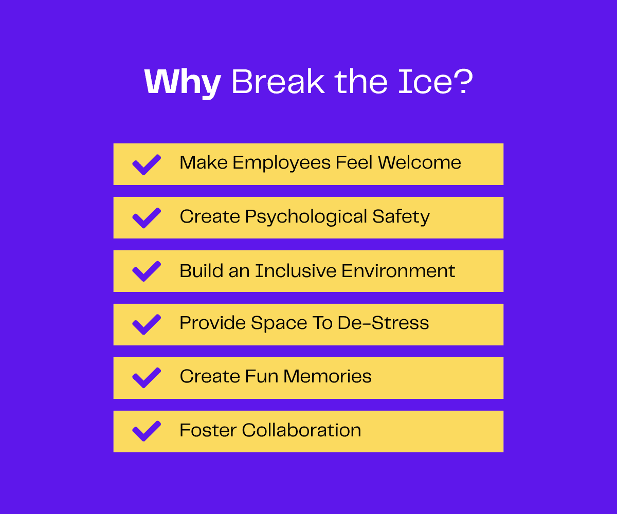 Infographic: Six benefits of team icebreakers, including improved employee morale and collaboration.