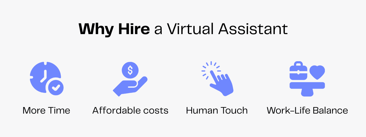 Infographic: Four benefits of hiring a virtual assistant: more time, affordable costs, human touch, work-life balance.