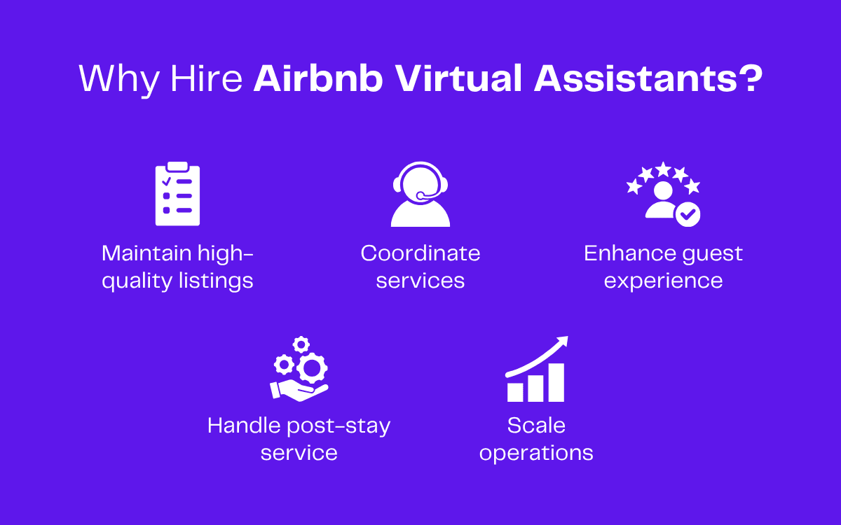 Benefits of hiring an Airbnb virtual assistant: maintain listings, coordinate services, enhance guest experience, handle post-stay service, and scale operations.
