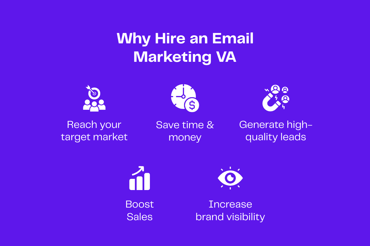 Infographic: 5 benefits of hiring an email marketing VA; reach target market, save time & money, generate leads, boost sales, increase brand visibility.