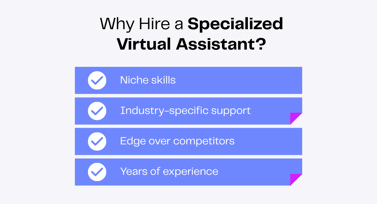 Reasons to hire a specialized virtual assistant: niche skills, industry support, competitive edge, experience.