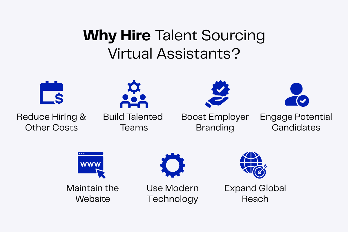 Infographic: 7 benefits of hiring talent sourcing virtual assistants, including cost reduction, team building, and global reach.