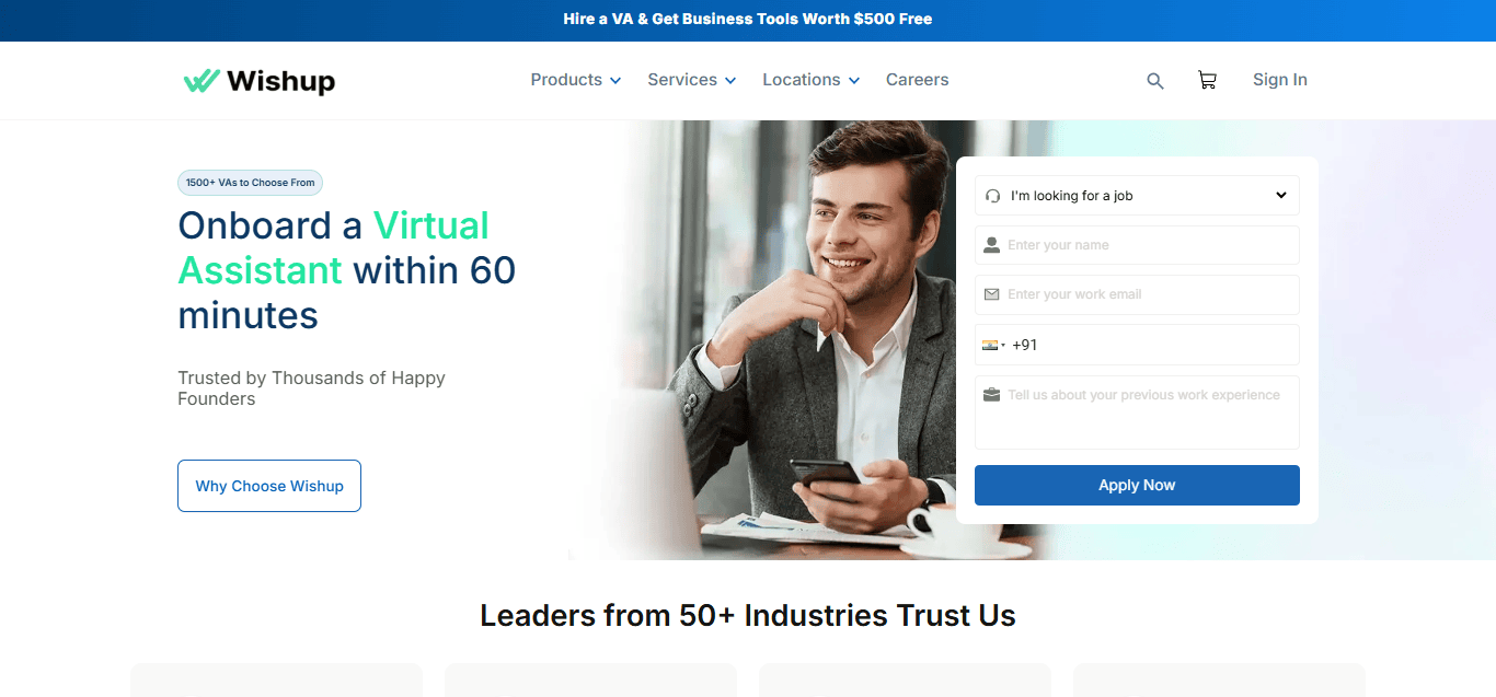 Happy businessman using Wishup to onboard a virtual assistant.