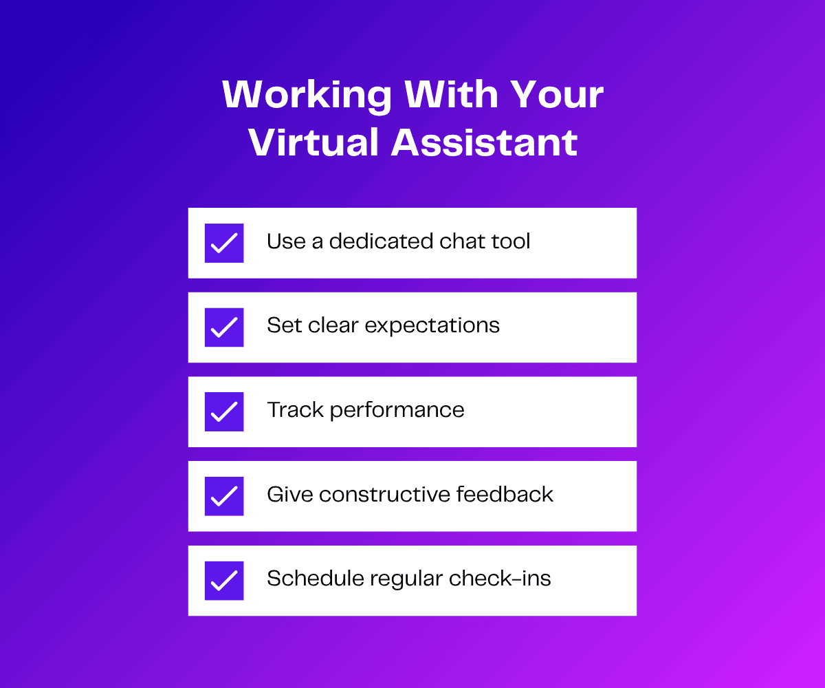 Tips for working with your virtual assistant in a checklist on purple gradient background