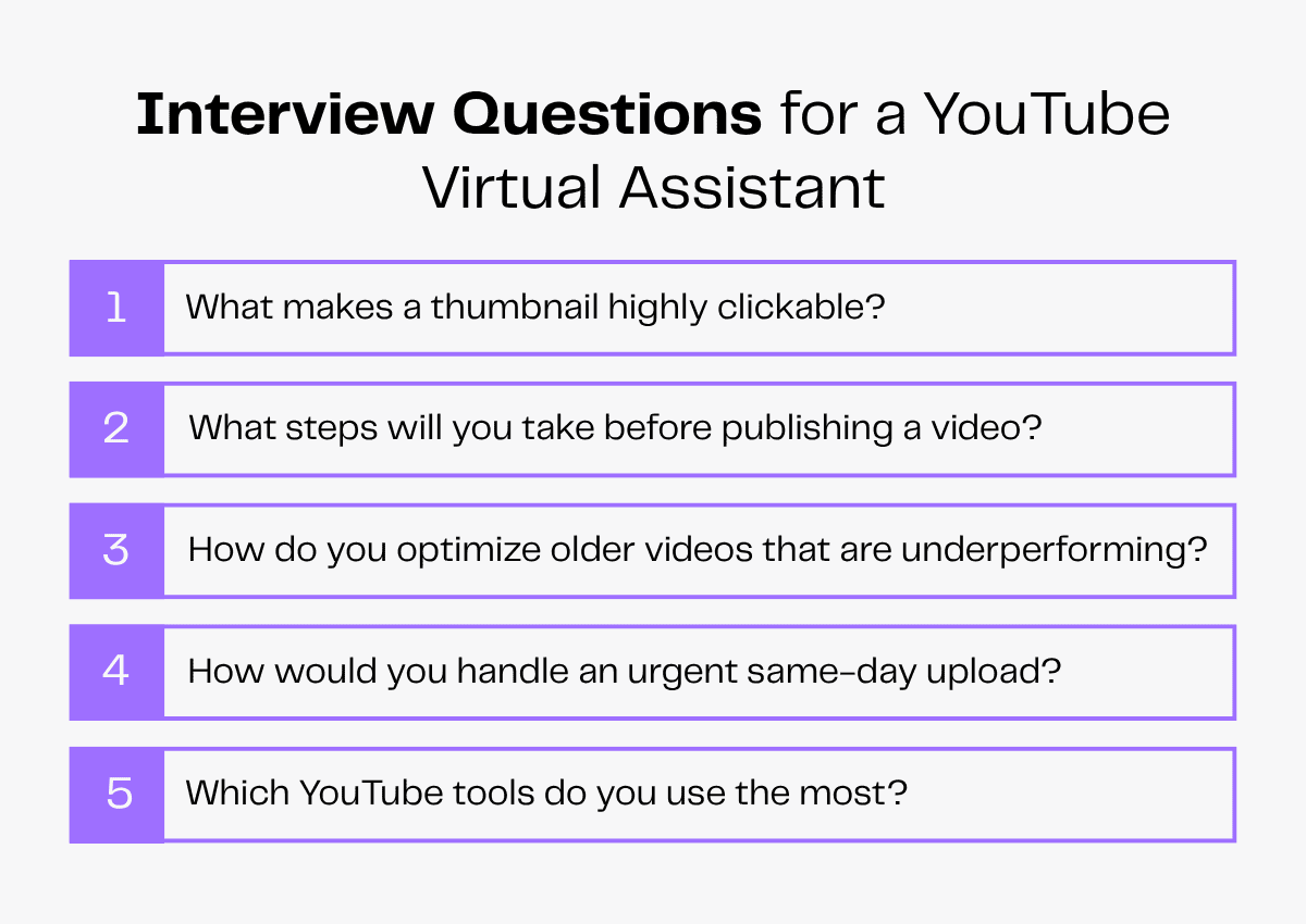 Interview questions for a YouTube Virtual Assistant covering thumbnails, publishing, optimization, and tools.