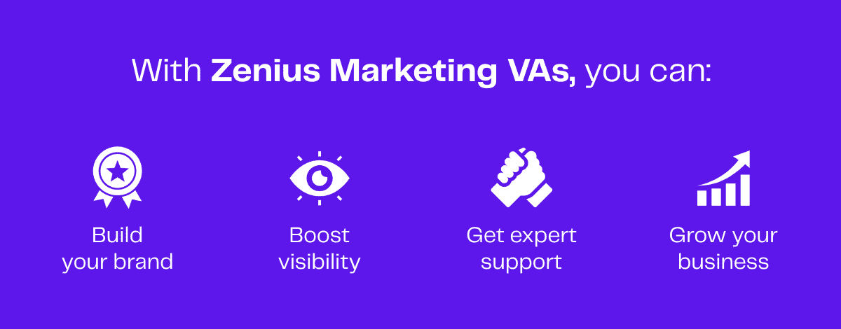 Four icons illustrate benefits of Zenius Marketing VAs: brand building, visibility boost, expert support, and business growth.