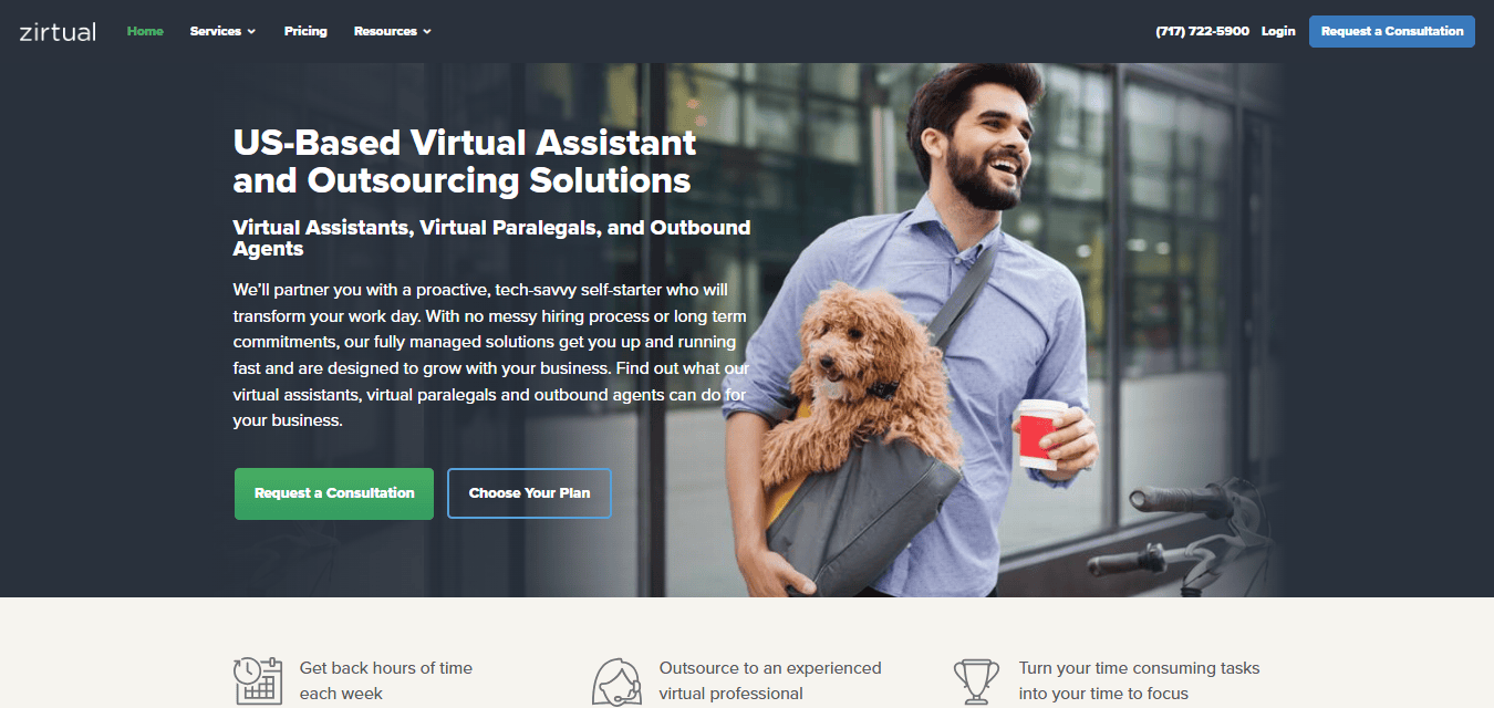 Happy businessman carrying dog, coffee; US-based virtual assistant services.